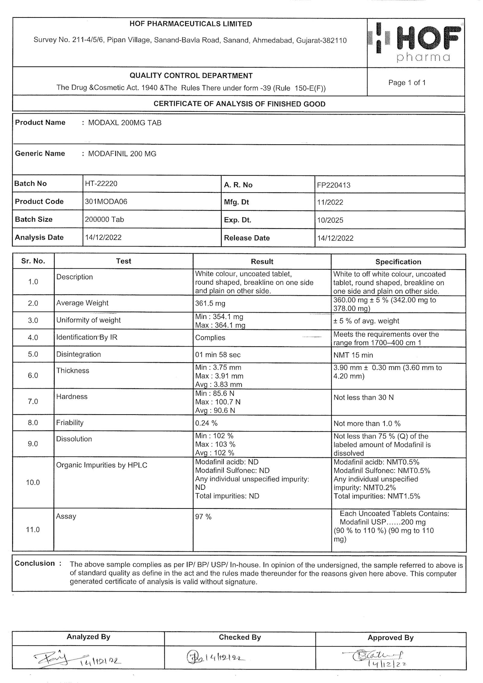 ModaXL 200mg Control de calidad y certificado de análisis